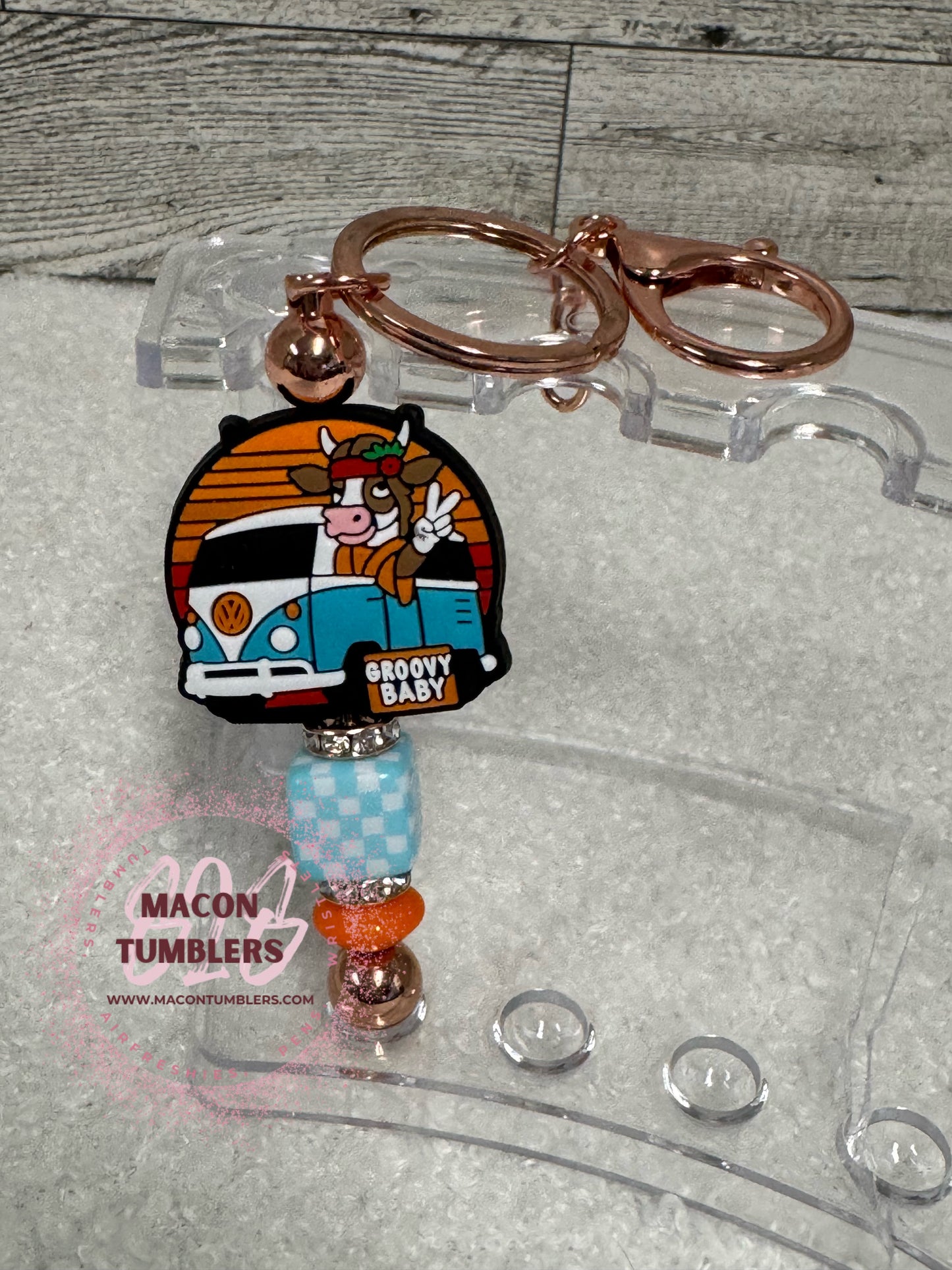 VW Bus with Groovy Cow Beaded Keychain