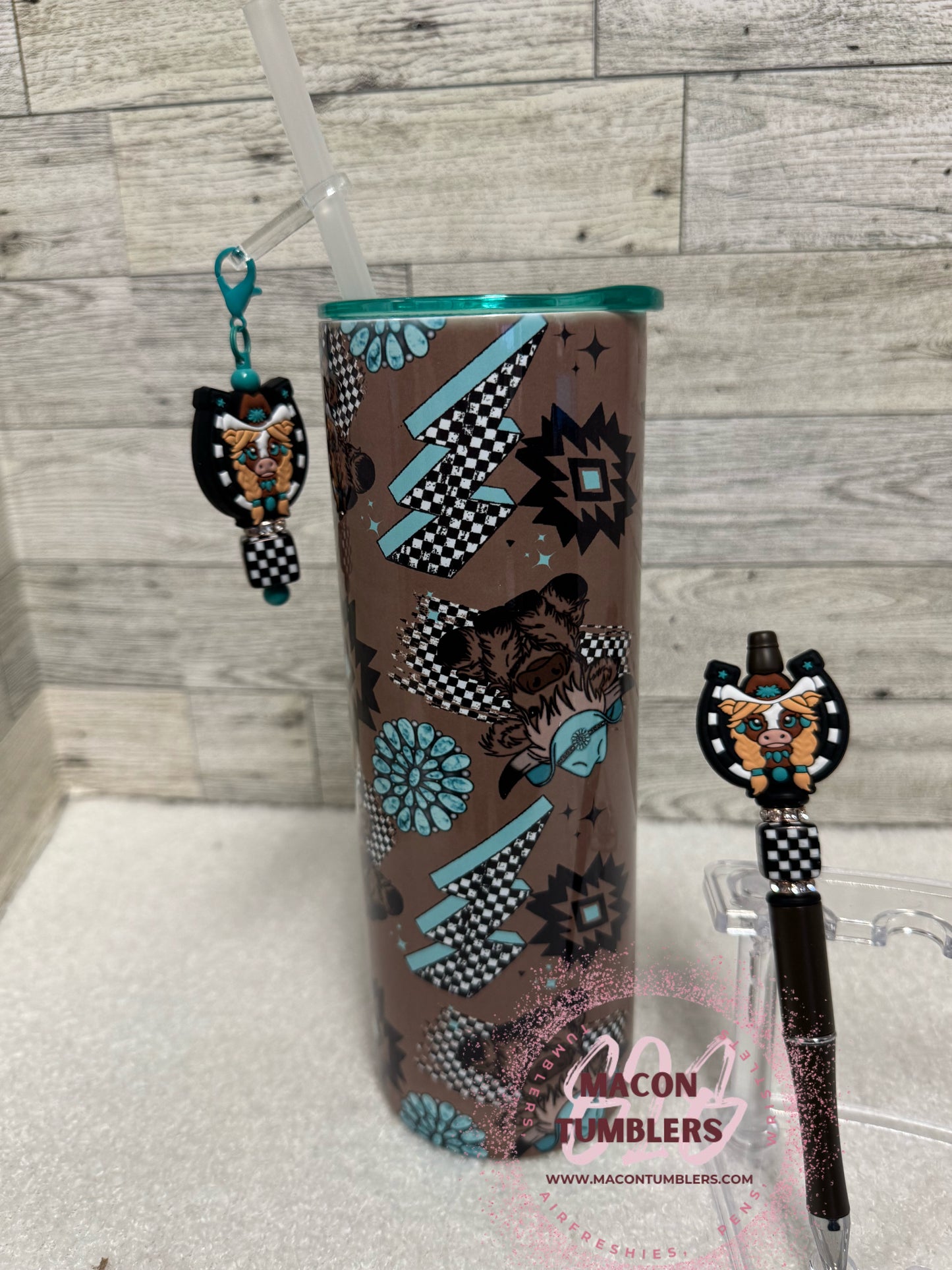 Heifer & Checkered Lightning Bolt Tumbler, Pen & Straw Charm w/Color Lid Set