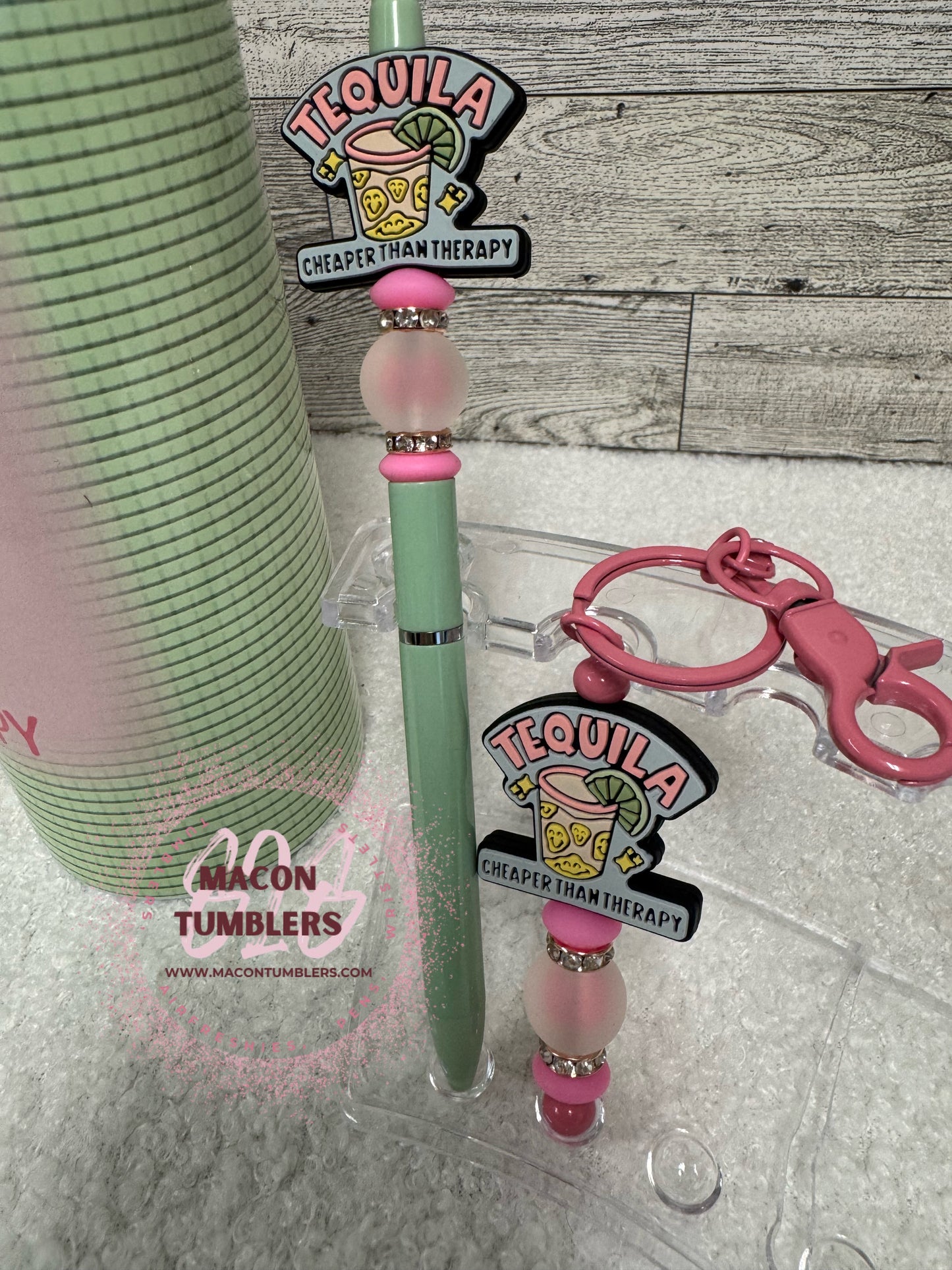 Tequila, Cheaper Than Therapy Sublimation Tumbler, Beaded Pen & Keychain Bundle