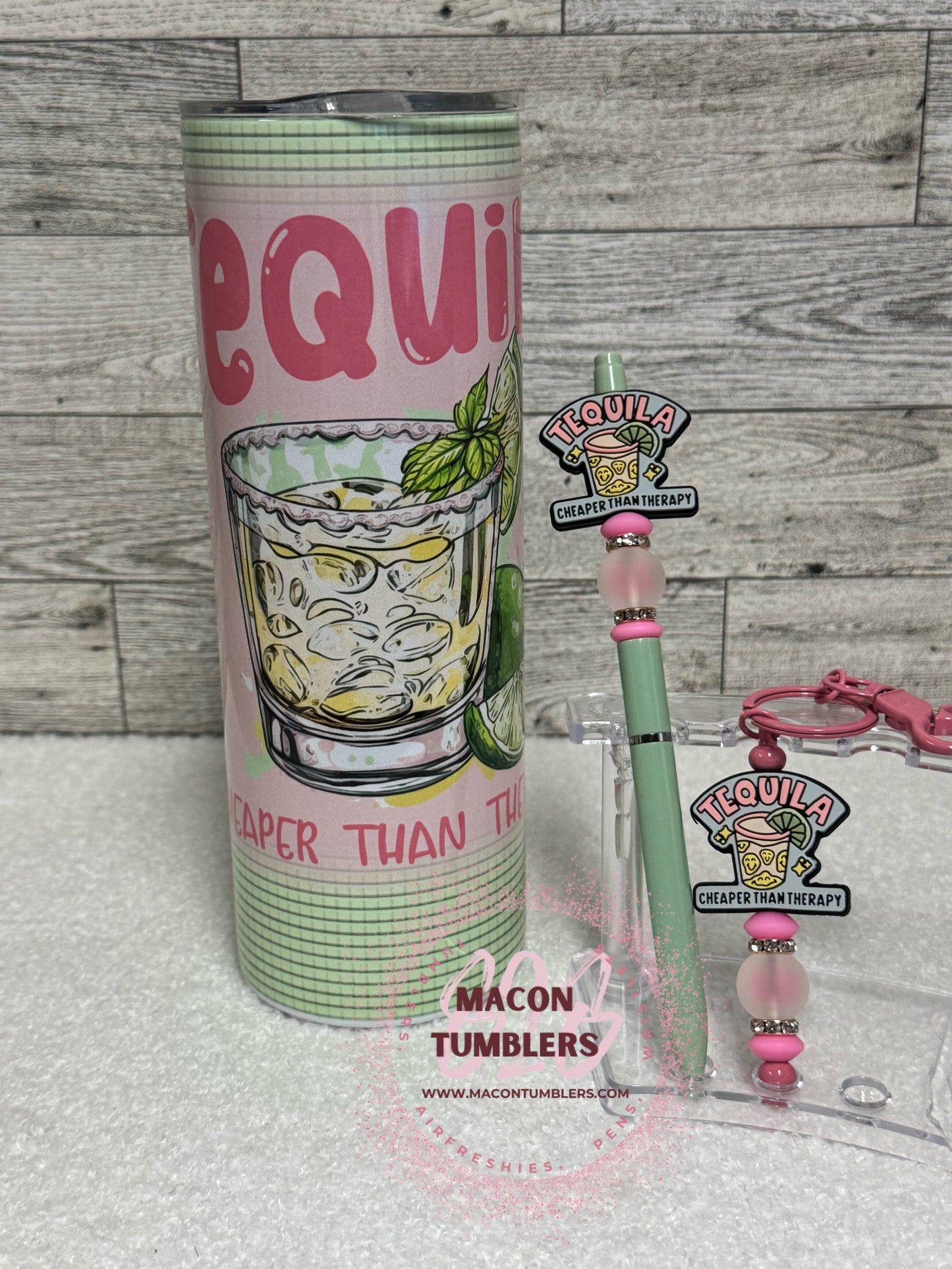 Tequila, Cheaper Than Therapy Sublimation Tumbler, Beaded Pen & Keychain Bundle