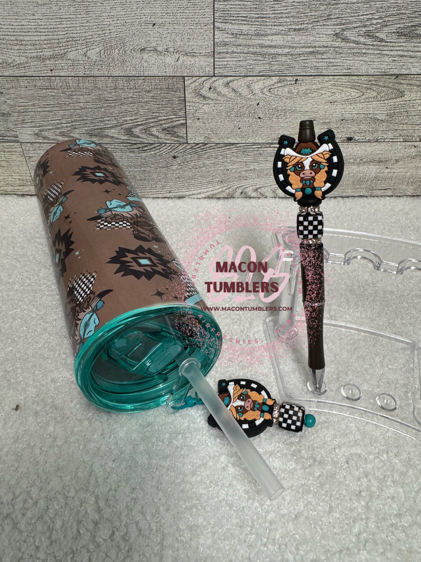 Heifer & Checkered Lightning Bolt Tumbler, Pen & Straw Charm w/Color Lid Set