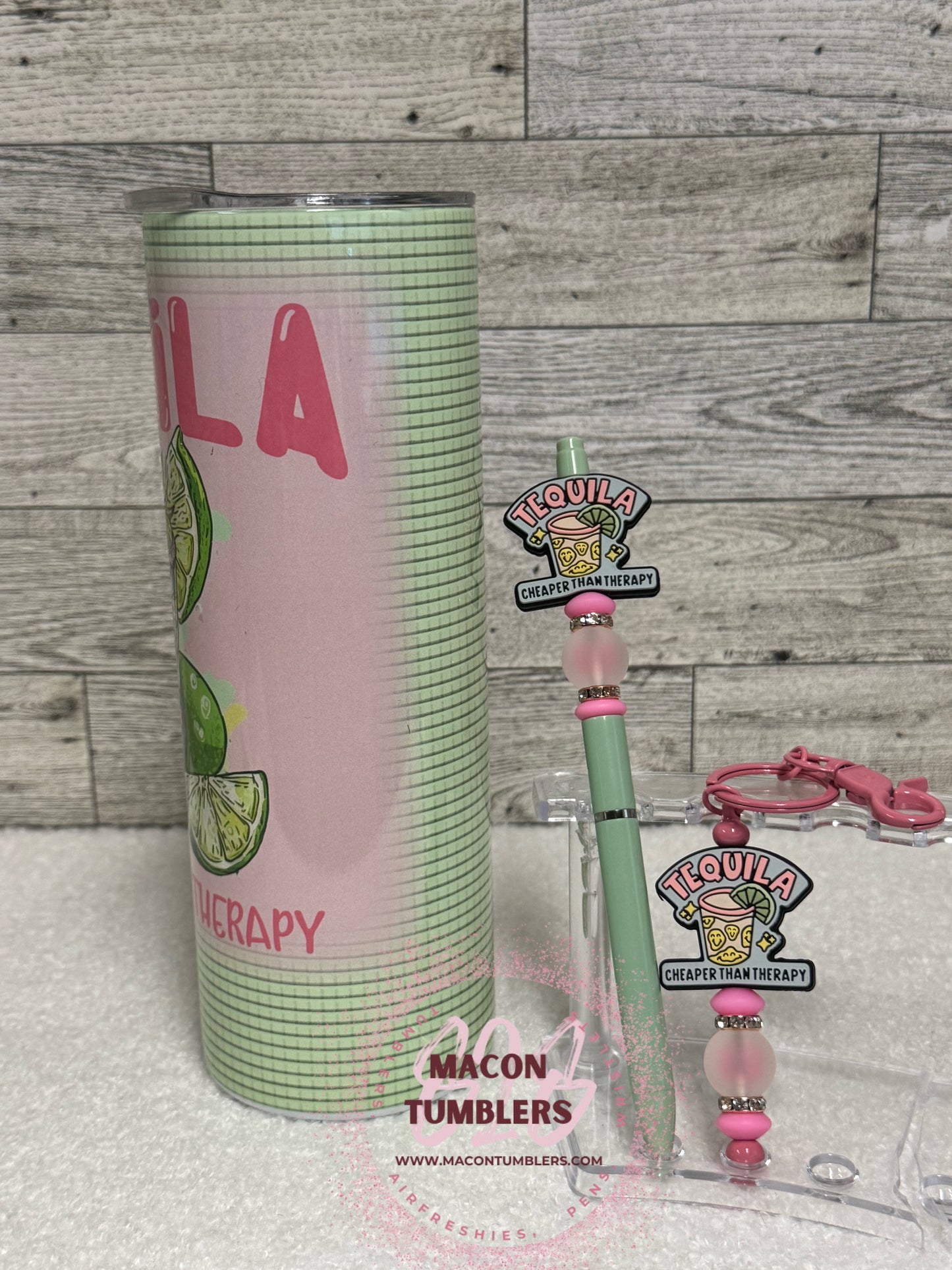 Tequila, Cheaper Than Therapy Sublimation Tumbler, Beaded Pen & Keychain Bundle