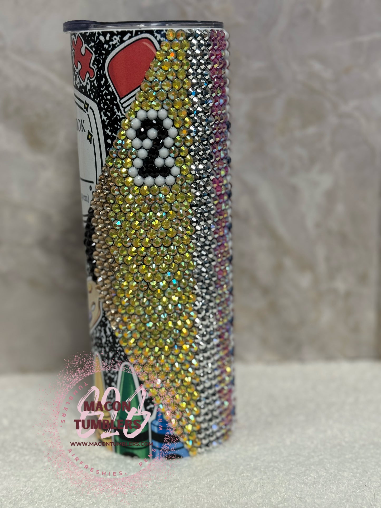 Teacher Sublimated Composition Book Tumbler with Notebook Paper & Pencil Rhinestone Accent – 20 oz