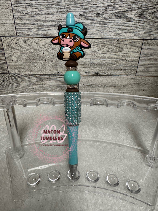 Teal Heifer with Coffee Beaded Pen