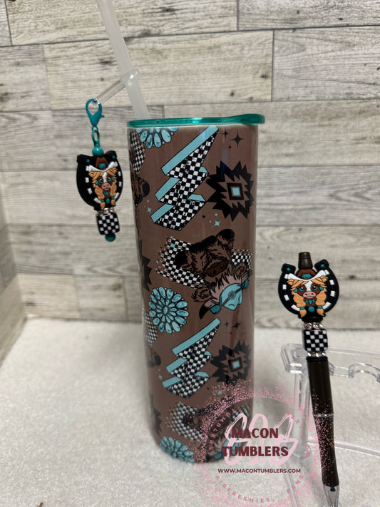 Heifer & Checkered Lightning Bolt Tumbler, Pen & Straw Charm w/Color Lid Set