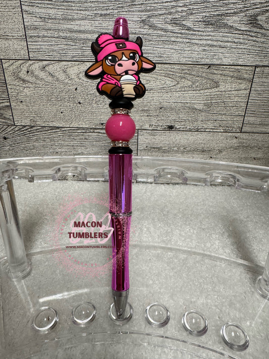 Pink Heifer with Coffee Beaded Pen
