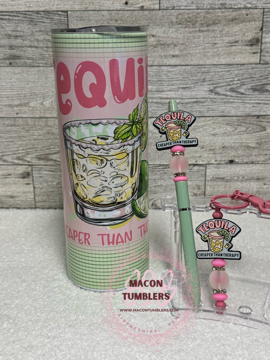 Tequila, Cheaper Than Therapy Sublimation Tumbler, Beaded Pen & Keychain Bundle