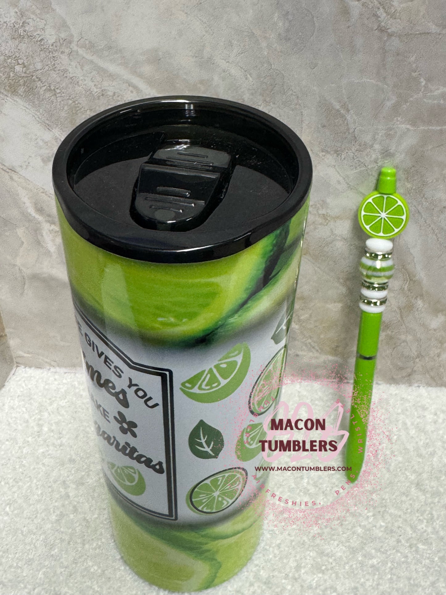 When Life Gives You Limes Make A Margarita Tumbler with colored lid & Beaded Pen Set – 20 oz