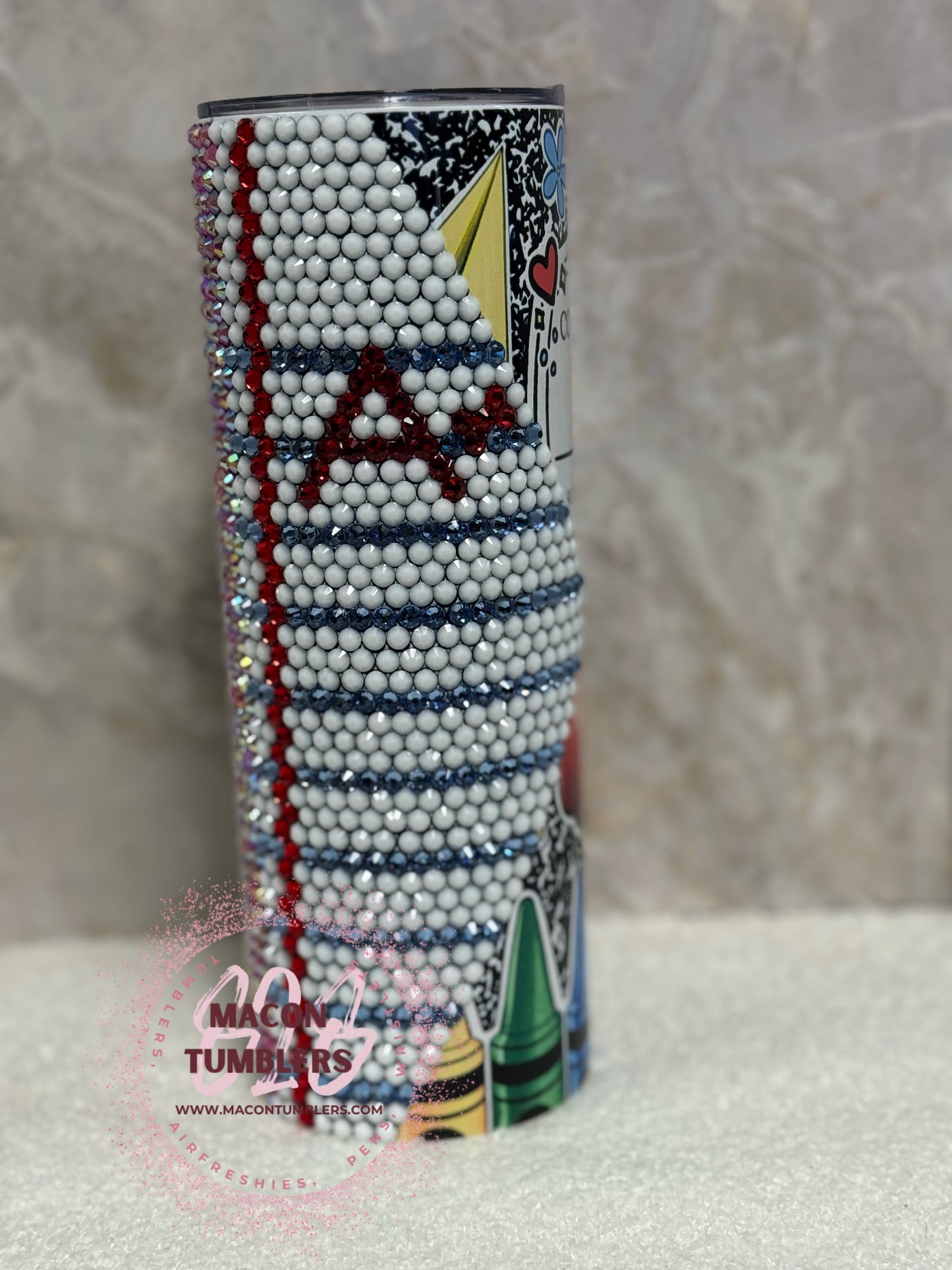 Teacher Sublimated Composition Book Tumbler with Notebook Paper & Pencil Rhinestone Accent – 20 oz