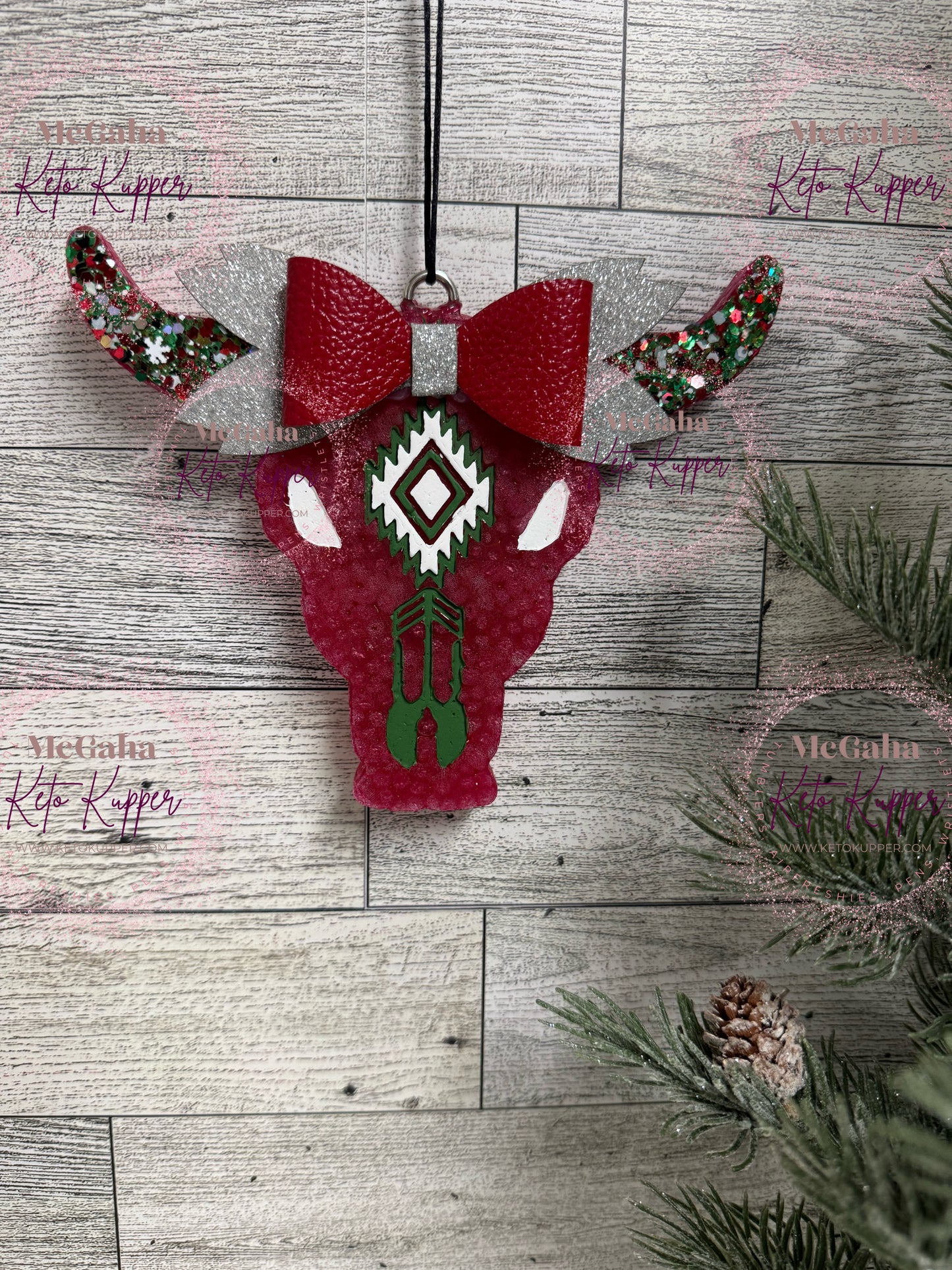 RTS Christmas Bull Skull with Bow Freshie