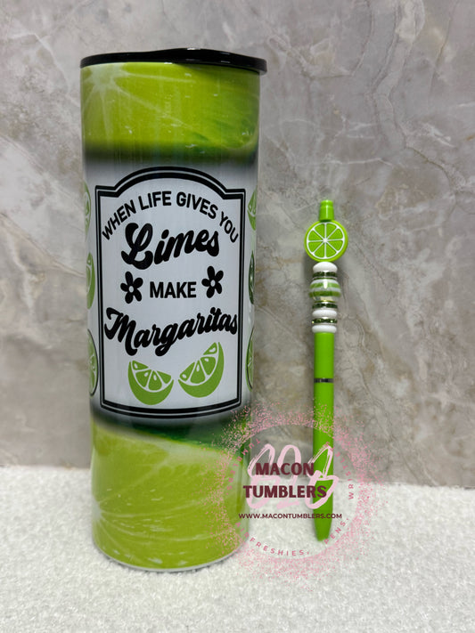 When Life Gives You Limes Make A Margarita Tumbler with colored lid & Beaded Pen Set – 20 oz