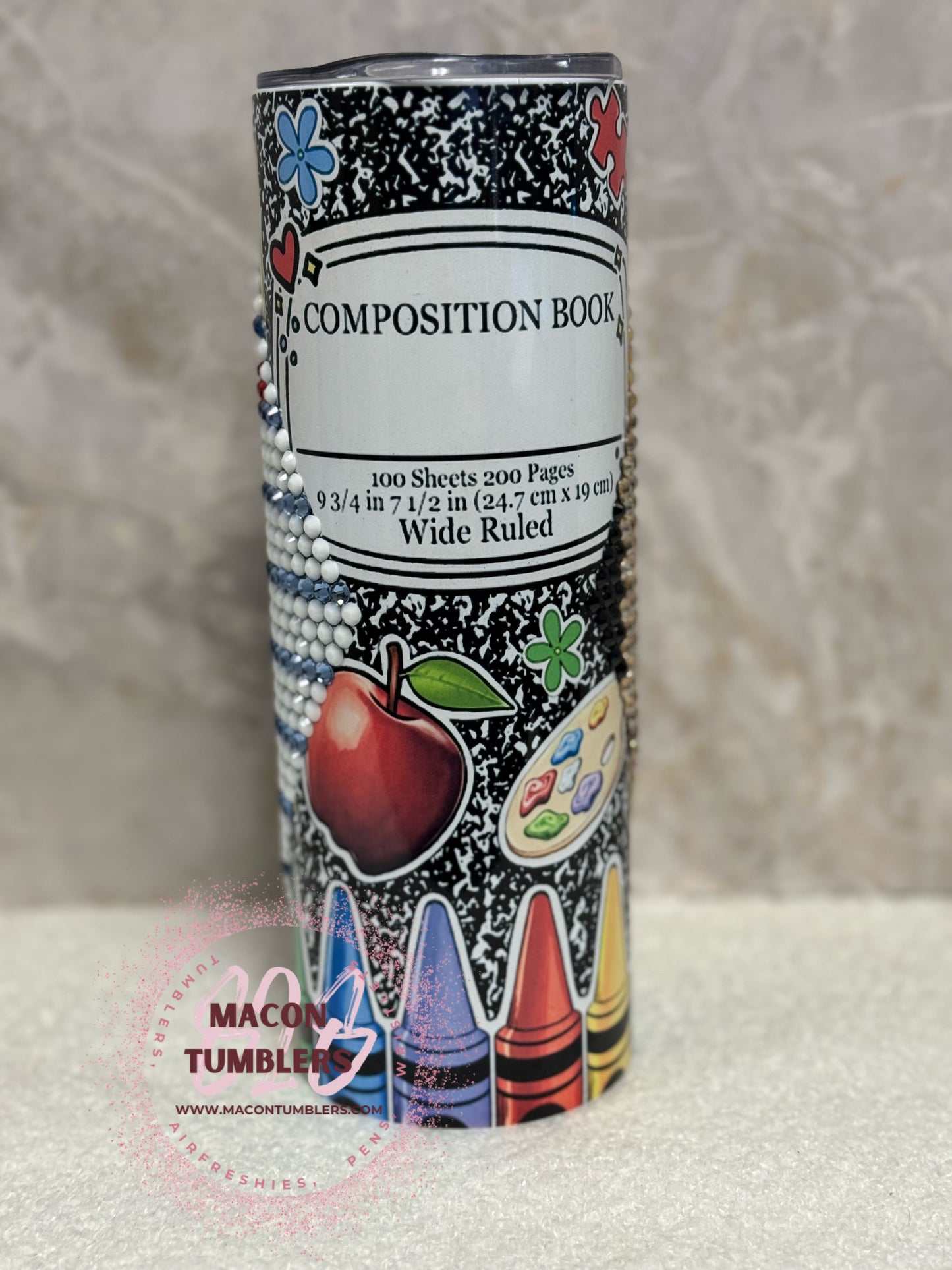 Teacher Sublimated Composition Book Tumbler with Notebook Paper & Pencil Rhinestone Accent – 20 oz